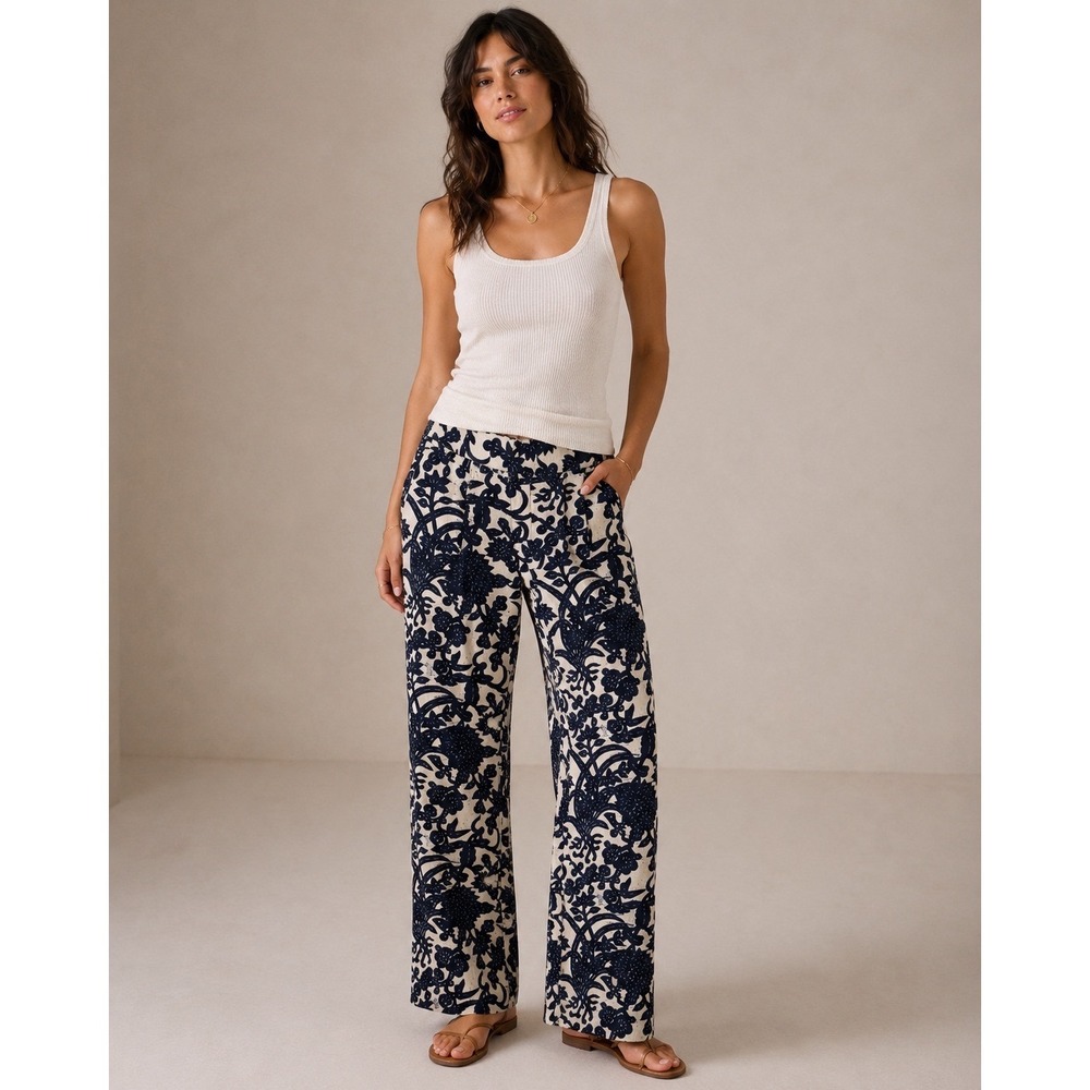 Ann Taylor LOFT Marisa Linen Blend Wide Leg Floral Print Pants Navy Cream Size 2